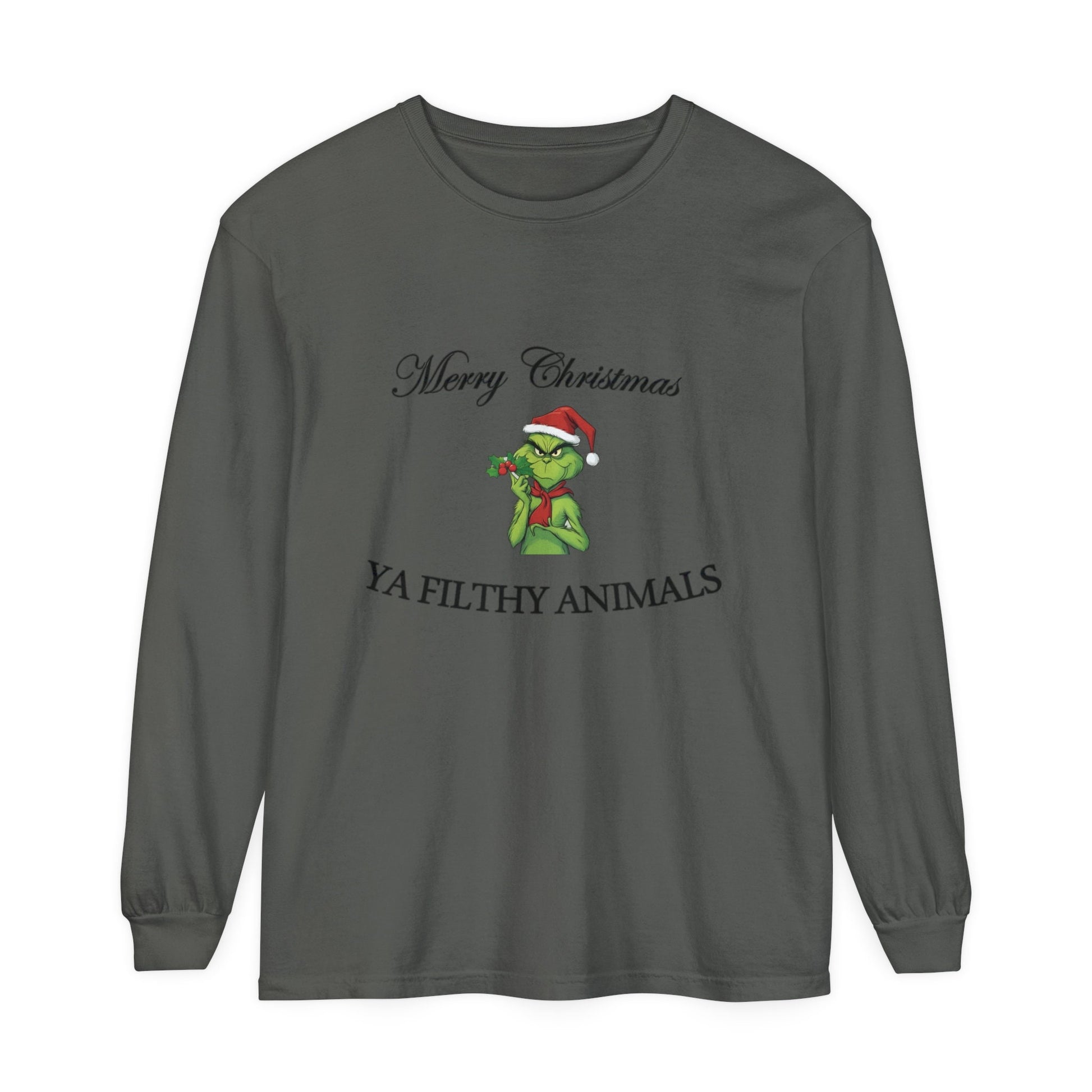 Merry Christmas Gray Grinch long sleeve tee hand-drawn holiday design