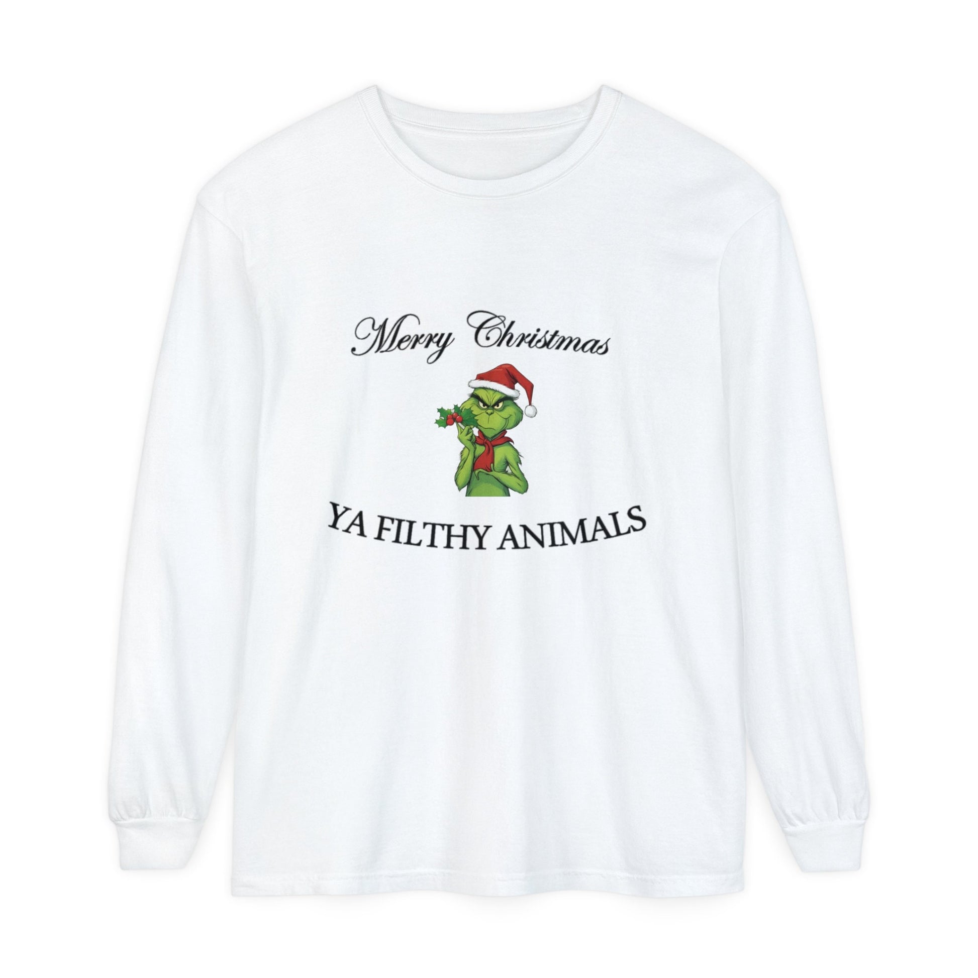 Merry Christmas White Grinch long sleeve tee hand-drawn holiday design