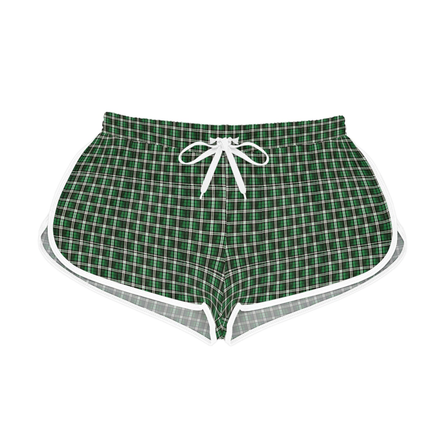 Green plaid women's relaxed shorts with a drawstring and edge trim, shown in a standing position.