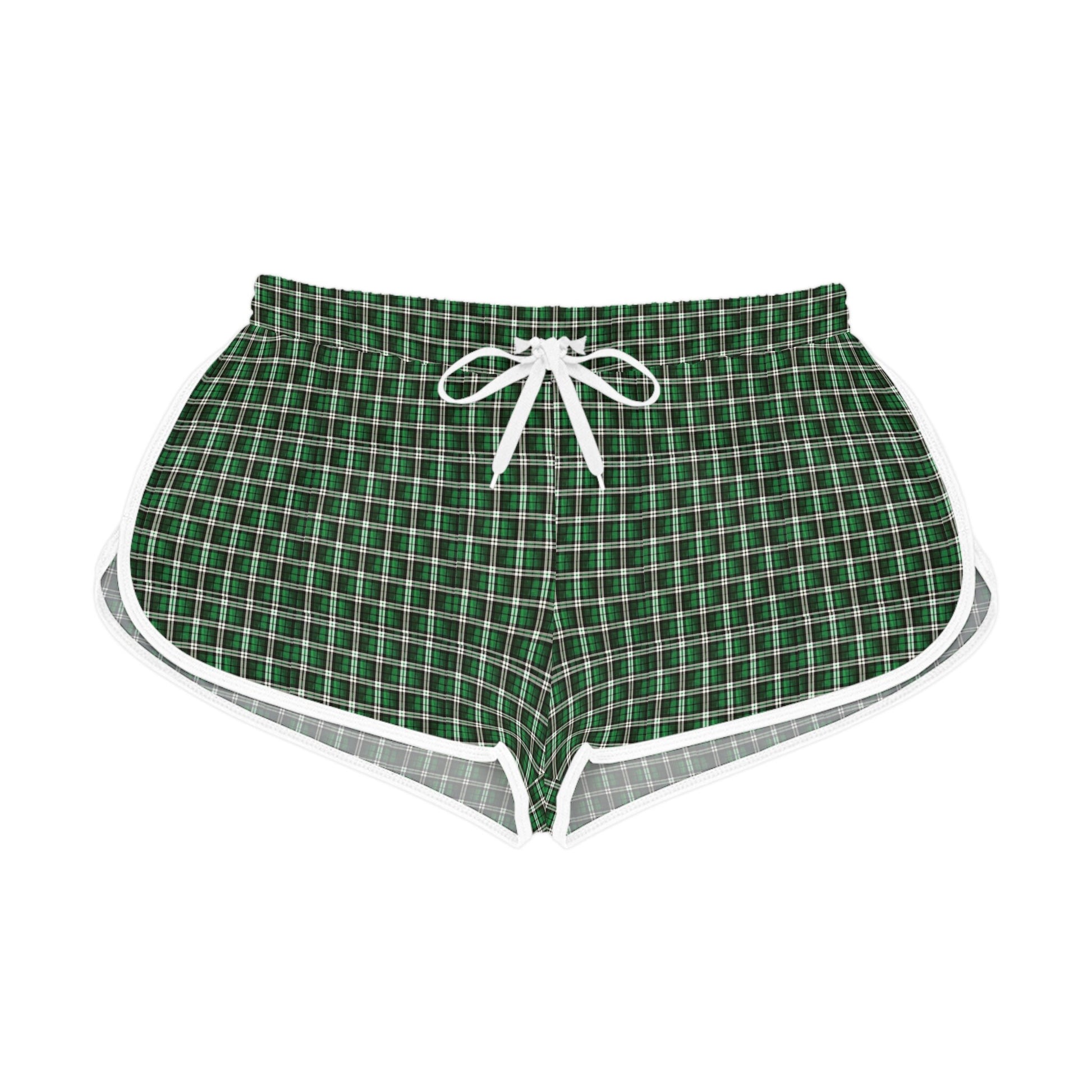 Green plaid women's relaxed shorts with a drawstring and edge trim, shown in a standing position.