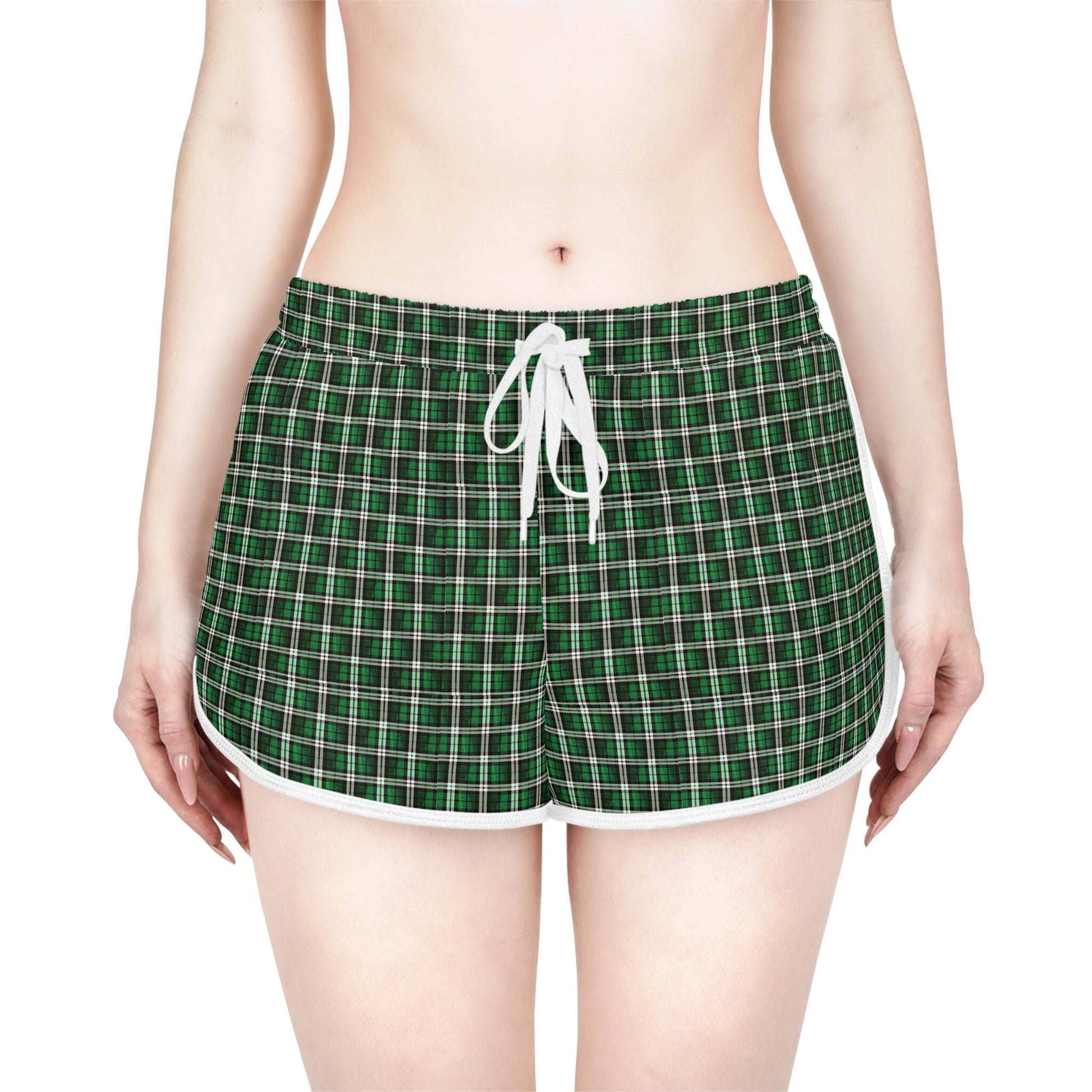Green plaid Christmas women’s shorts hand-drawn holiday design